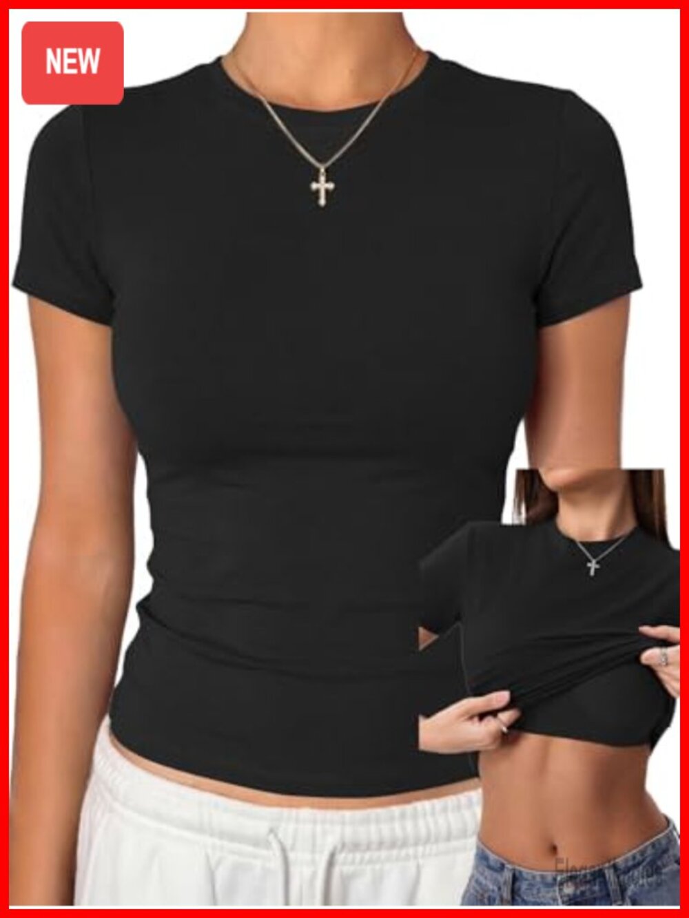Women's Built-in Bra Fitted Crop T-Shirt Cotton Spandex Short Sleeve Crew Neck